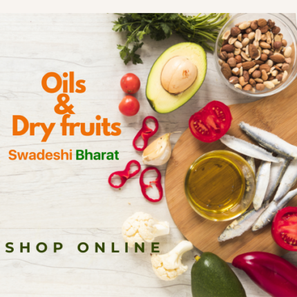 At Swadeshi Bharat, we offer a diverse selection of high-quality oils and dry fruits to enhance your culinary creations and boost your nutrition. From cooking oils like olive oil, coconut oil, and mustard oil to a variety of dry fruits like almonds, cashews, walnuts, and raisins, we have everything you need for a healthy and delicious diet.